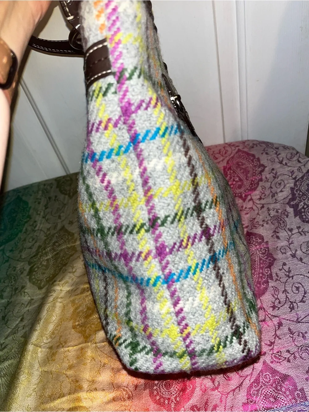 Coach Tattersal Plaid Tote with Brown Leather Trim